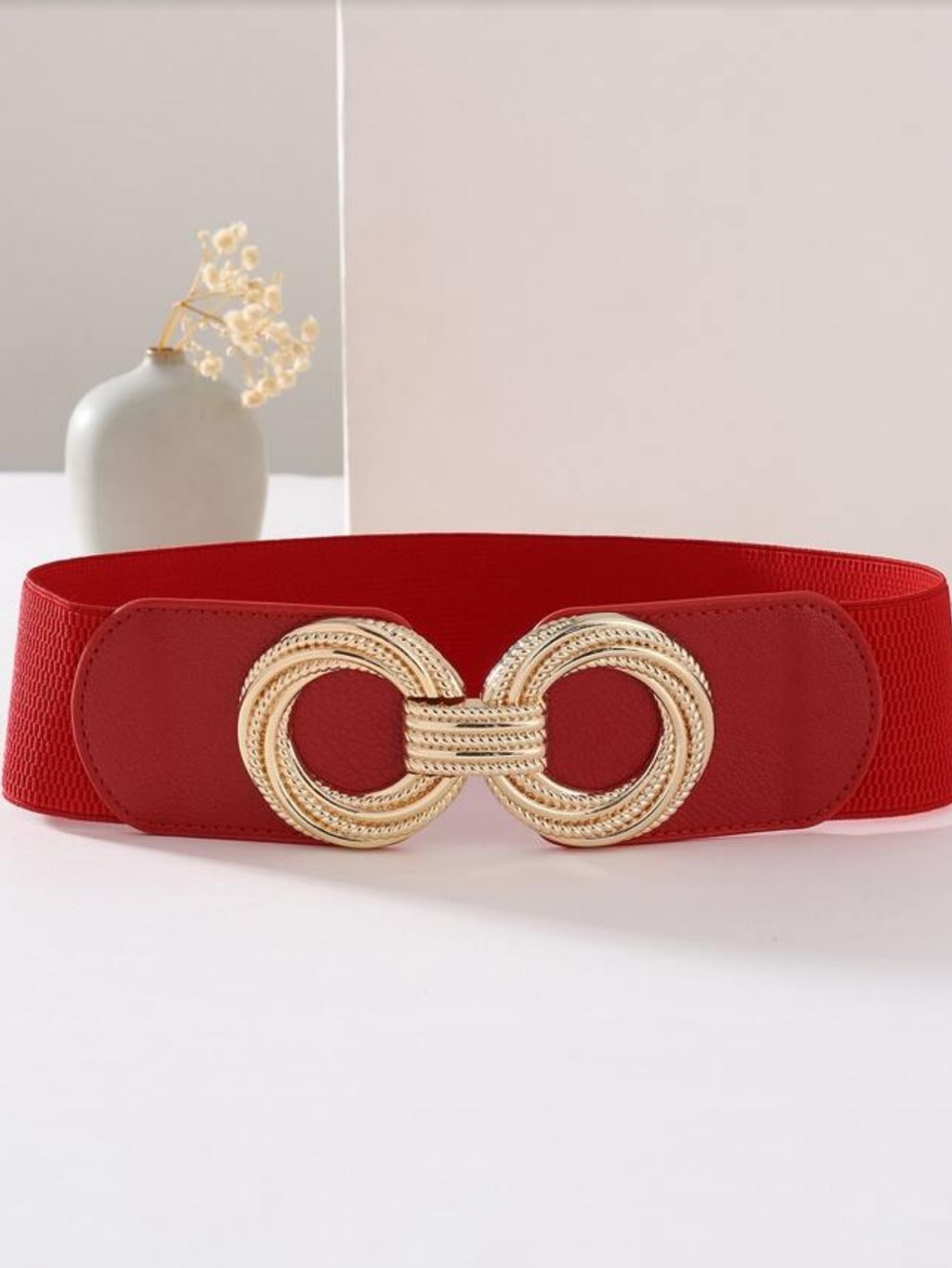 Red Women's Elastic Waist Belt with Gold Interlocking Buckle